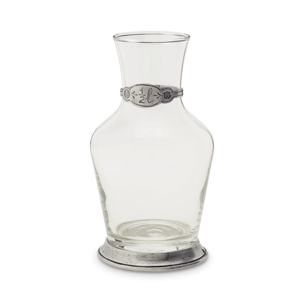 Clear glass carafe with pewter base and decorative band showing half liter measurement