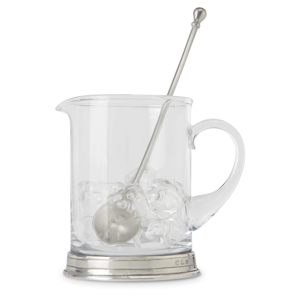 Branch Bar Pitcher with metal spoon inside, ice cubes visible, silver base and handle