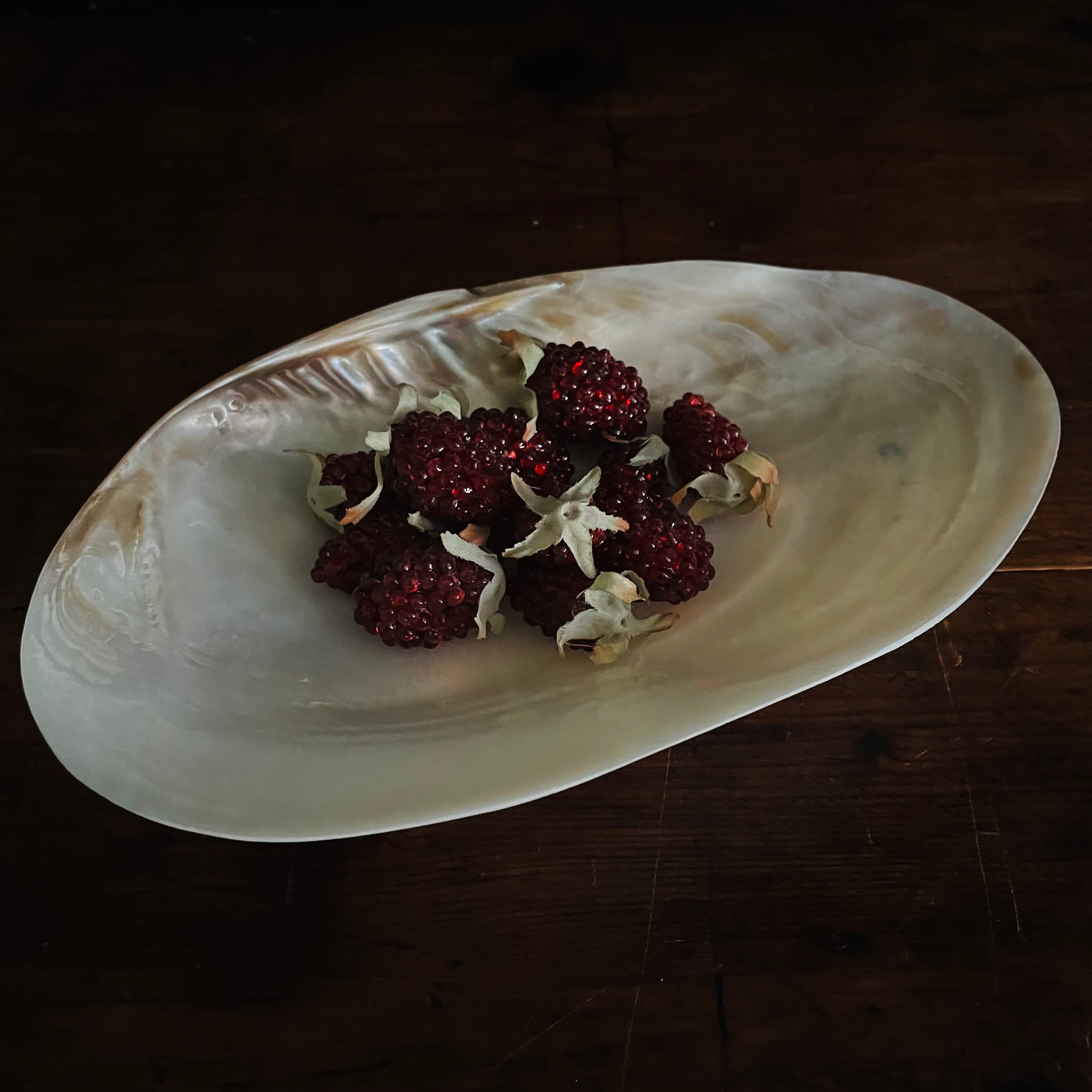 Pearlescent seashell footed dish holding dark berries and white flowers on dark wood surface