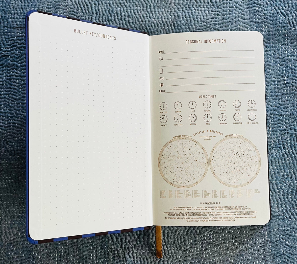 Open purple and nutmeg journal showing personal information page with world time clocks and celestial planispheres