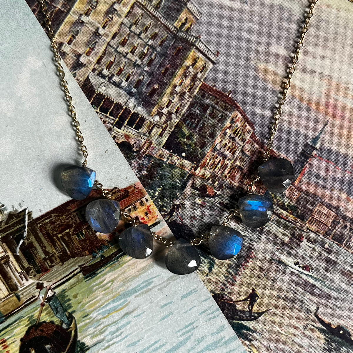 Rainbow Hiding in The Clouds Necklace with blue labradorite stones on vintage Venice postcard