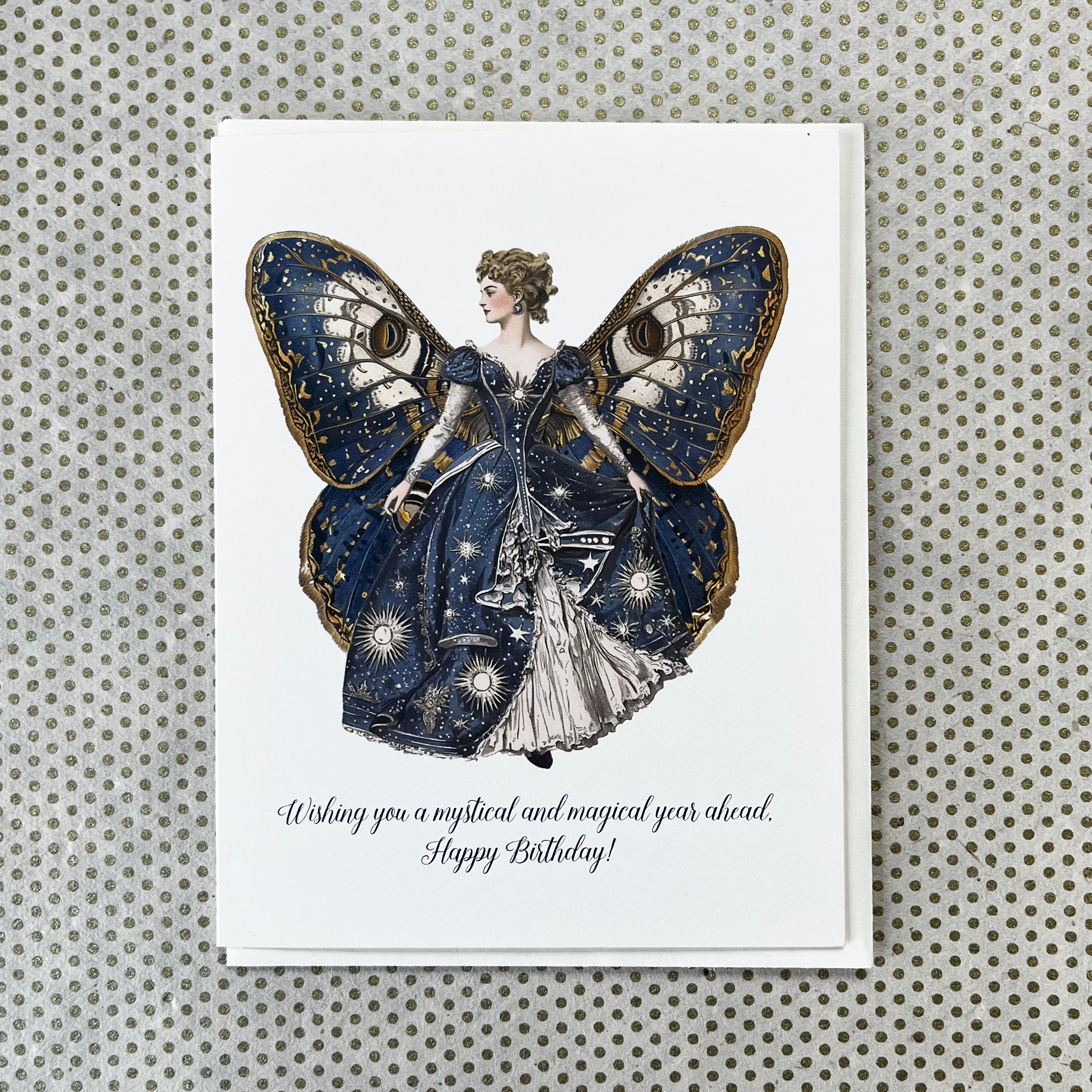 Birthday card featuring woman in blue celestial gown with large butterfly wings