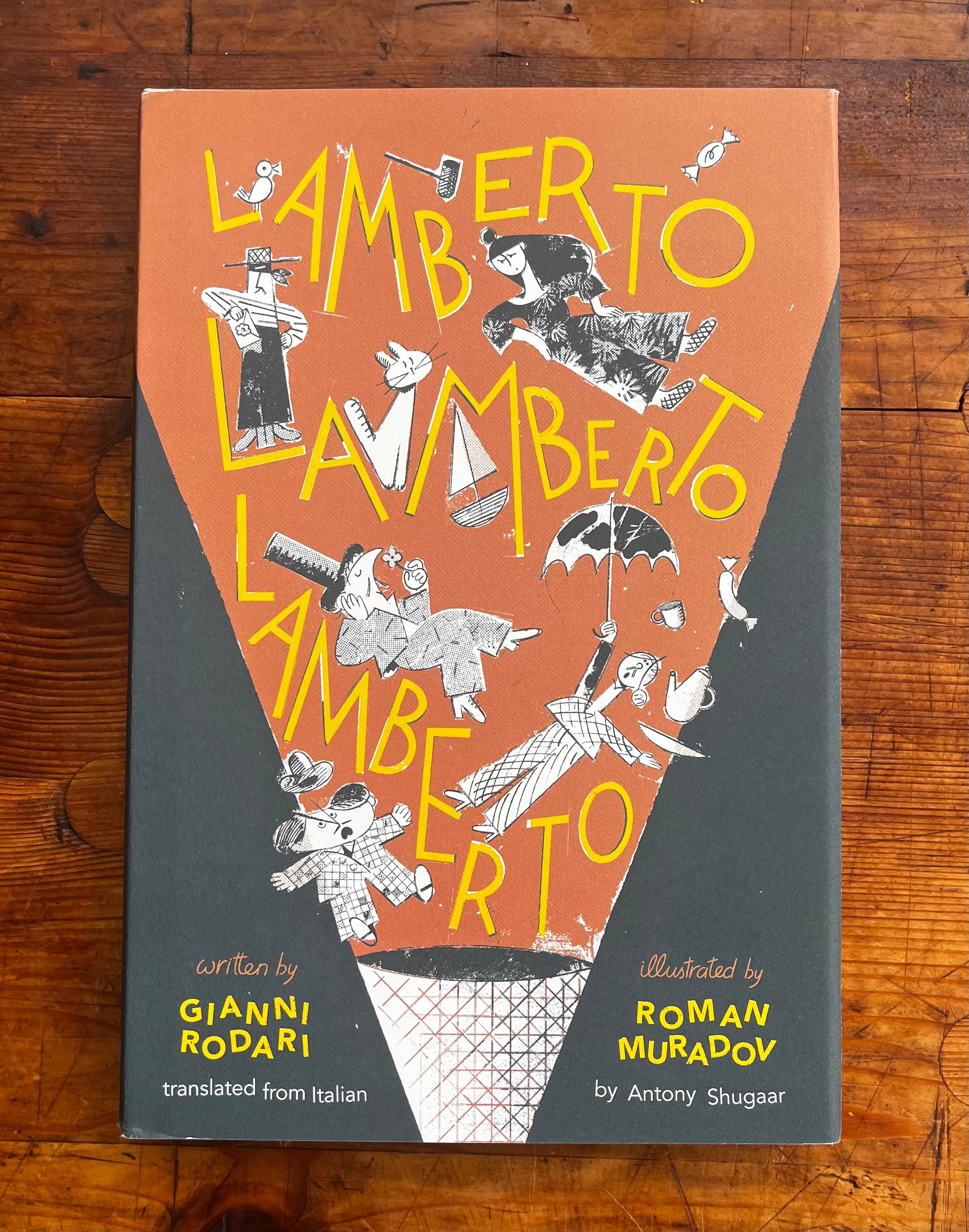 Lamberto Lamberto Lamberto book cover with orange background, illustrated characters, and playful yellow lettering