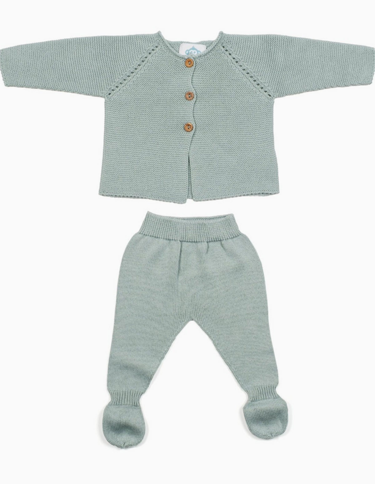 Sage green knitted baby cardigan with wooden buttons and matching footed pants laid flat