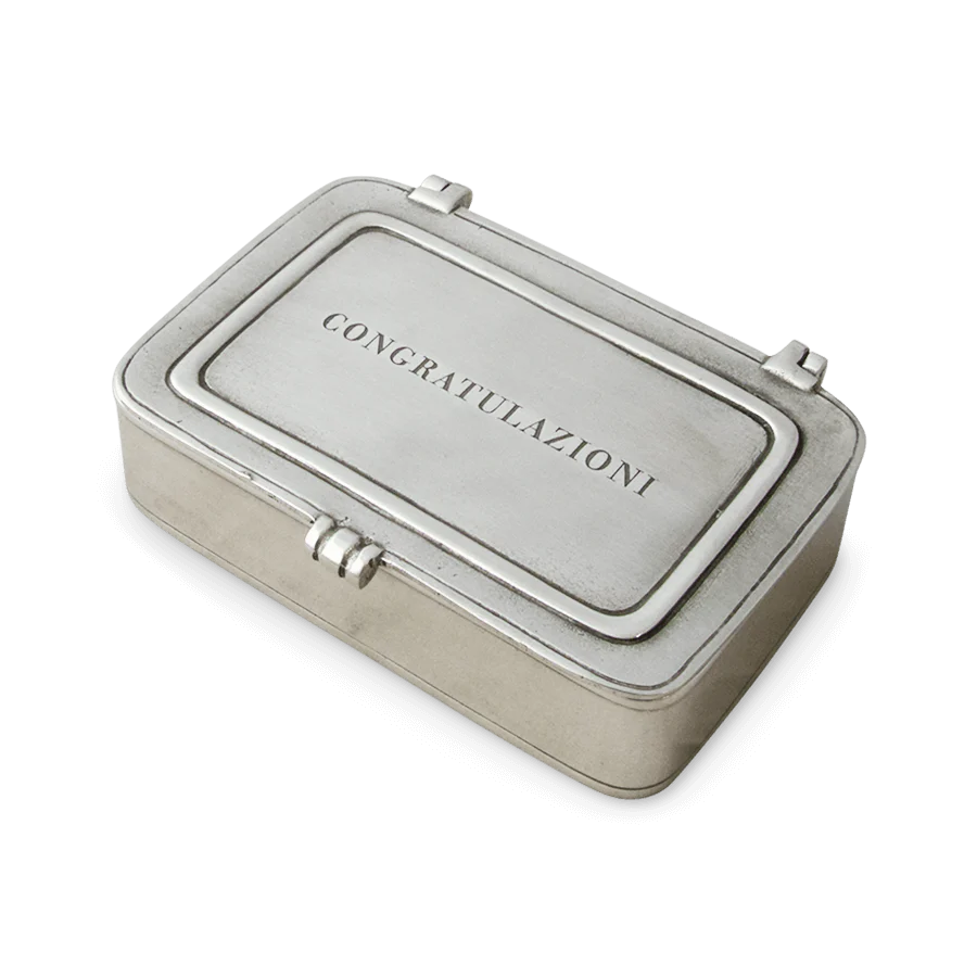 Silver metal Congratulazioni Box with embossed text on hinged rectangular lid