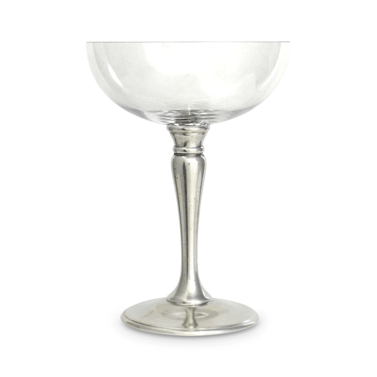 Coupe glass with clear bowl and silver-toned stem and base