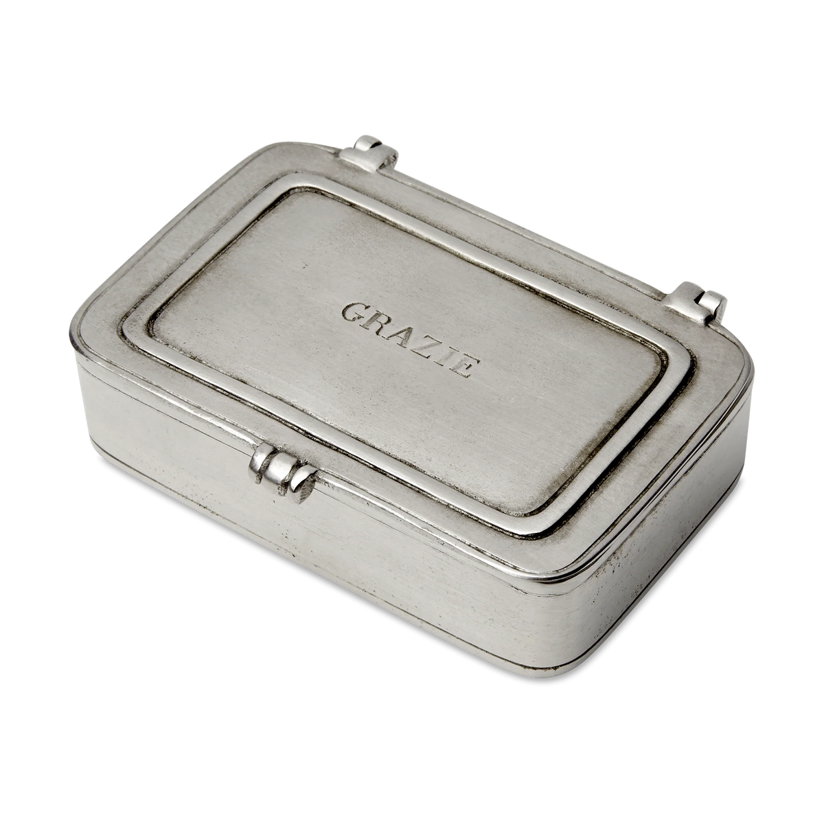 Rectangular silver metal Grazie box with embossed lid and three clasps