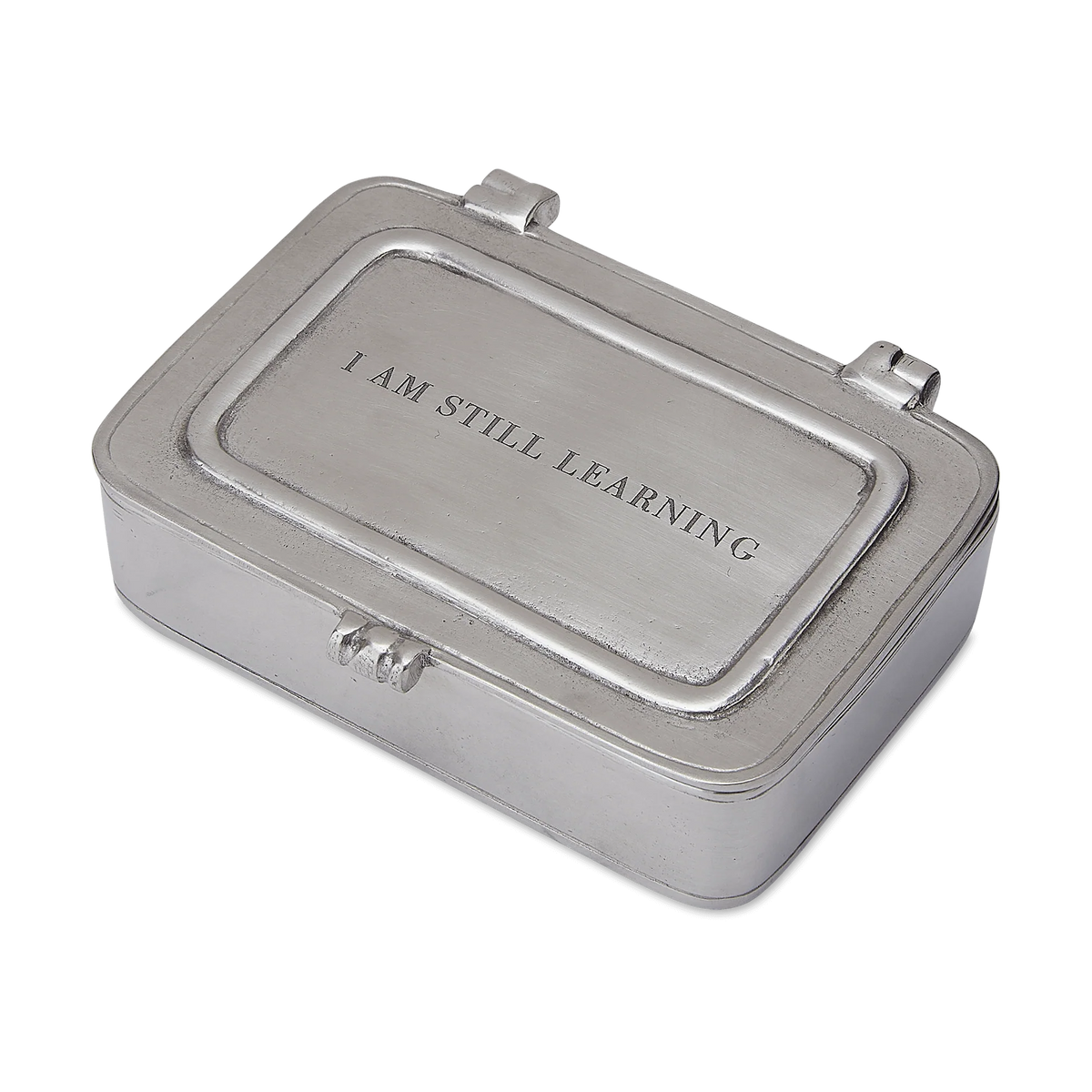 Gray metal Michelangelo Box with hinged lid engraved 'I AM STILL LEARNING'