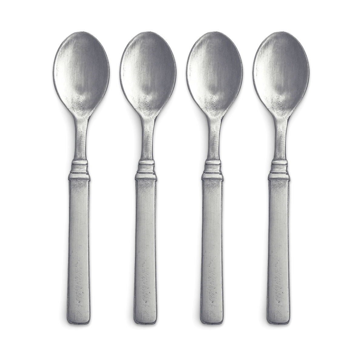 Four silver Gabriella Espresso Spoons arranged vertically in a row on white background